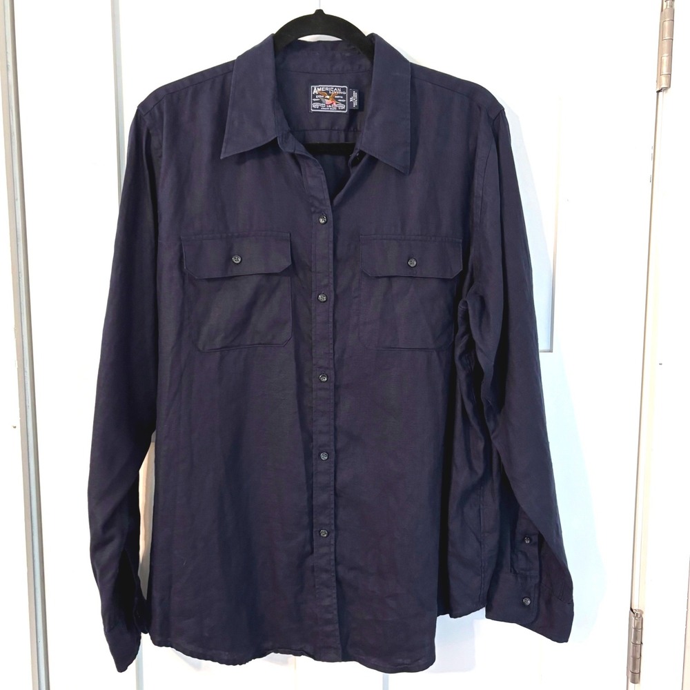 American Living Navy Blue 100% Linen Button Down Shirt Womens XL Roll Tab Sleeve